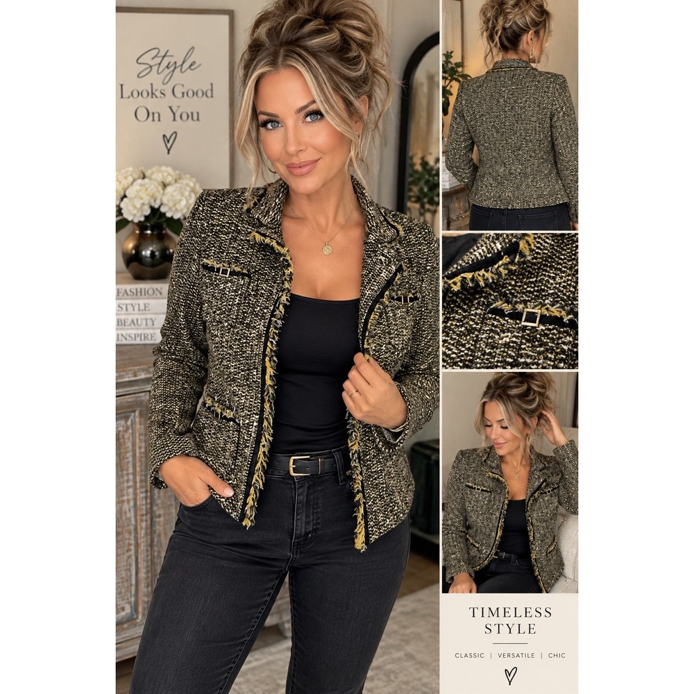Conrad C Vintage Tweed Blazer Sz 6 Black Gold Mustard Fringe Statement office
